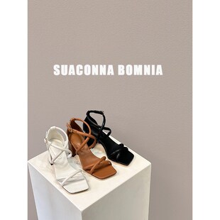 高定~2024春夏季新款气质交叉绑带粗跟L凉鞋方头露趾一字带高跟鞋