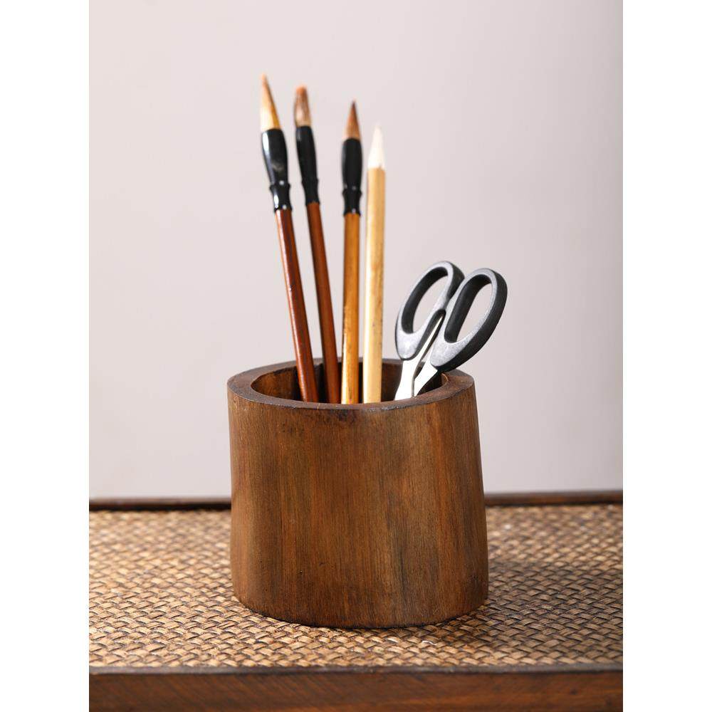 泰国进口笔筒实木桌面文具书房摆件覆古圆形笔桶木质办公桌收纳罐,收纳整理,笔筒,淘宝优惠券,粉丝福利购,淘宝优惠卷