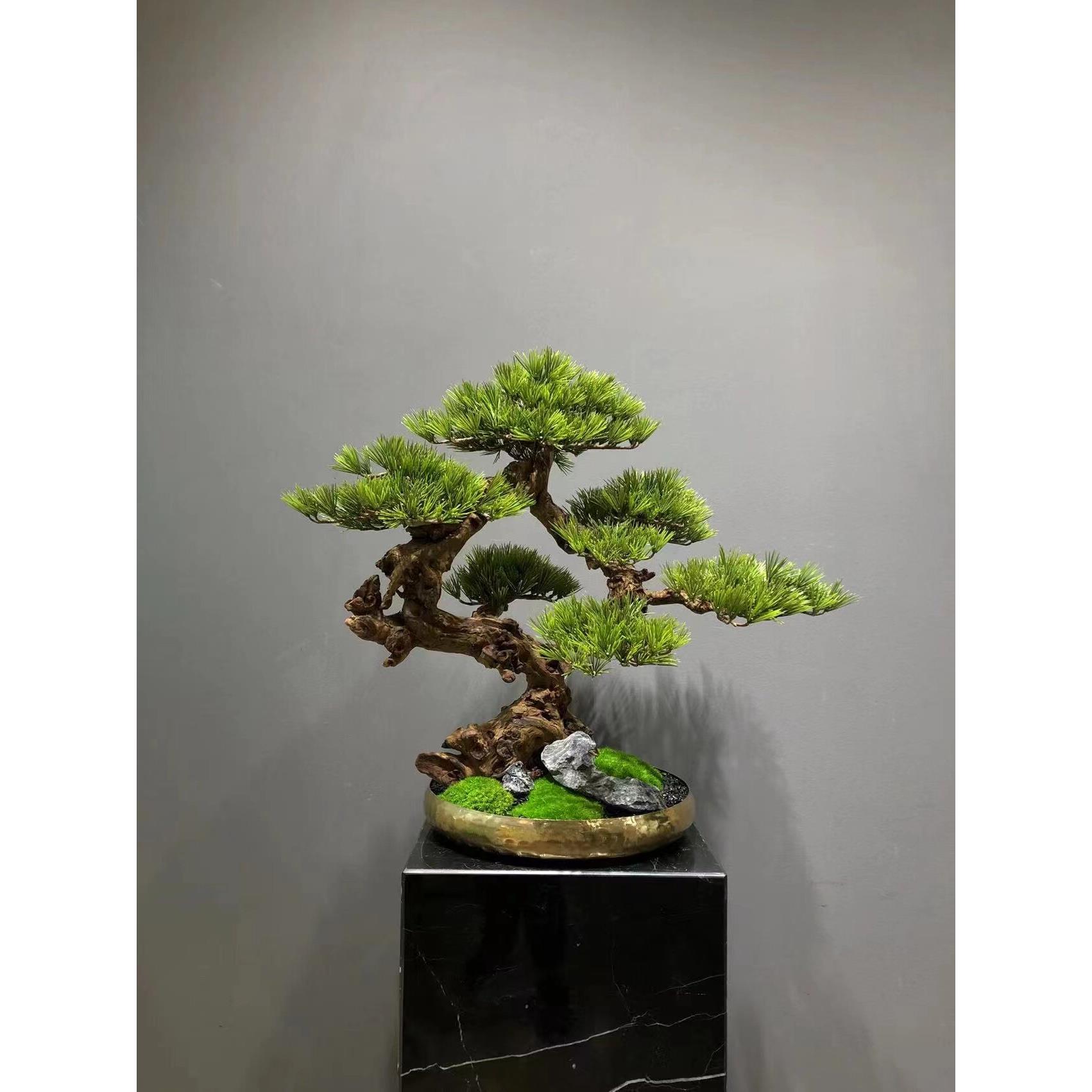 仿真迎客松盆景新中式罗汉松假树造景玄关桌几过道装饰样品房摆件
