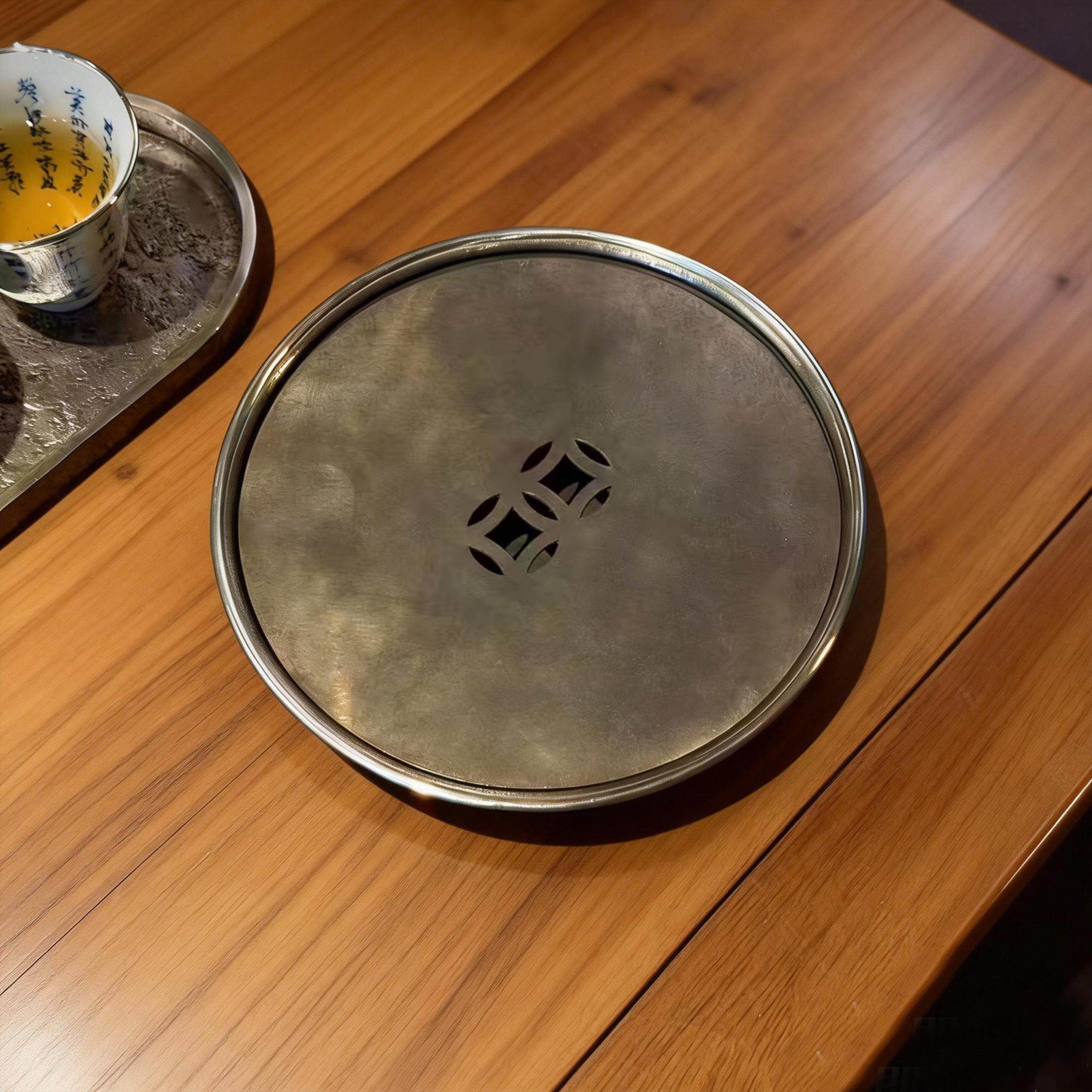 纯锡圆形茶盘锡壶承储水乾泡盘小茶盘包边茶海乾泡台茶承13.5x3cm