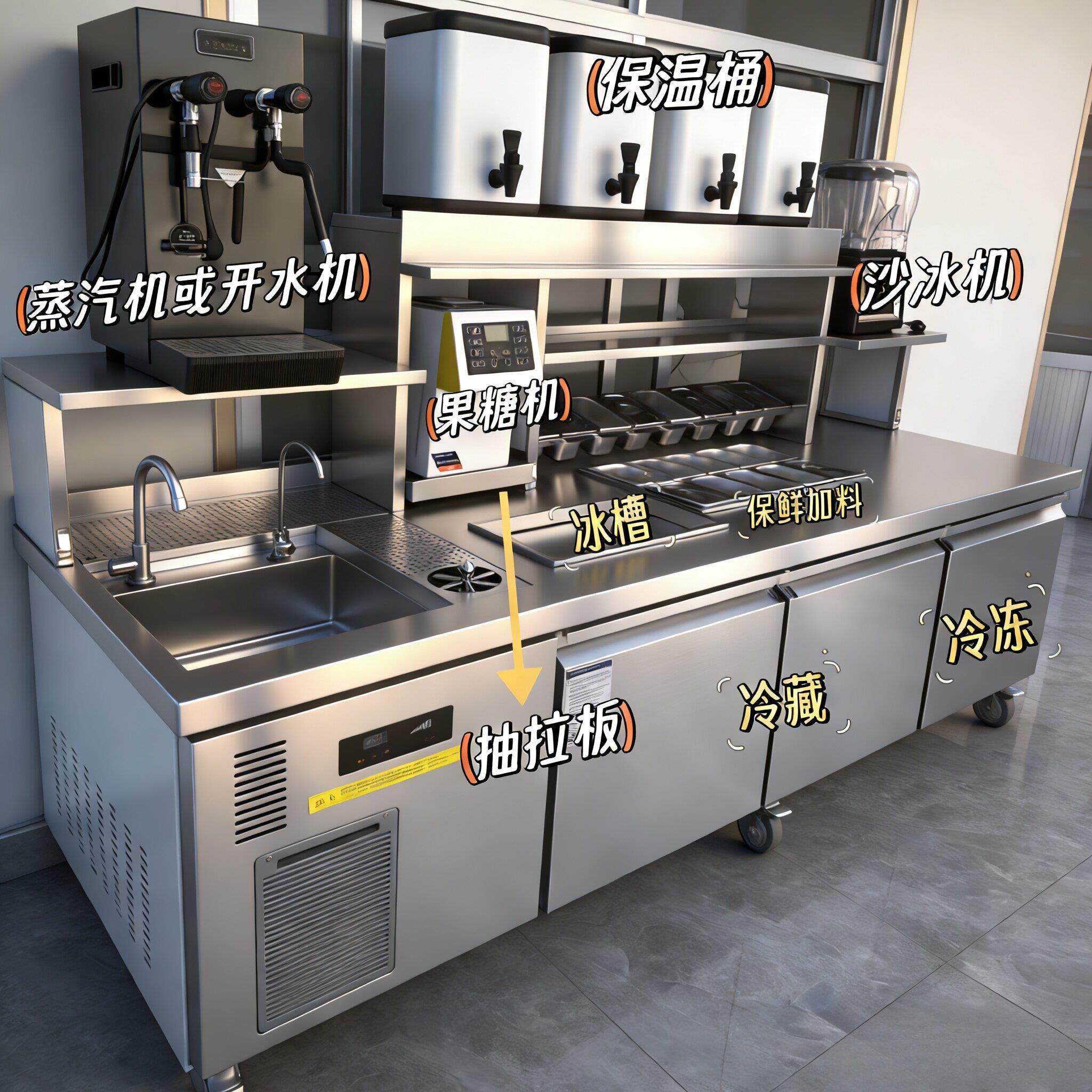 奶茶店设备全套水吧台商用一体柜定制咖啡店冷藏工作台沙拉操作台