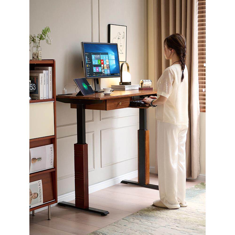电动升降桌黑胡桃实木电脑桌可升降学习桌家用工作台电竞游戏桌子