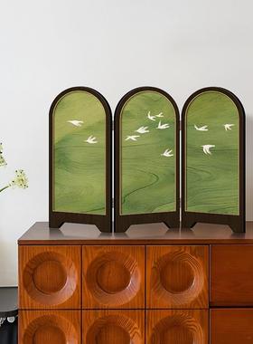 中世纪风格桌面屏风装饰绿色飞燕客厅装饰画法式覆古餐厅入口侧柜