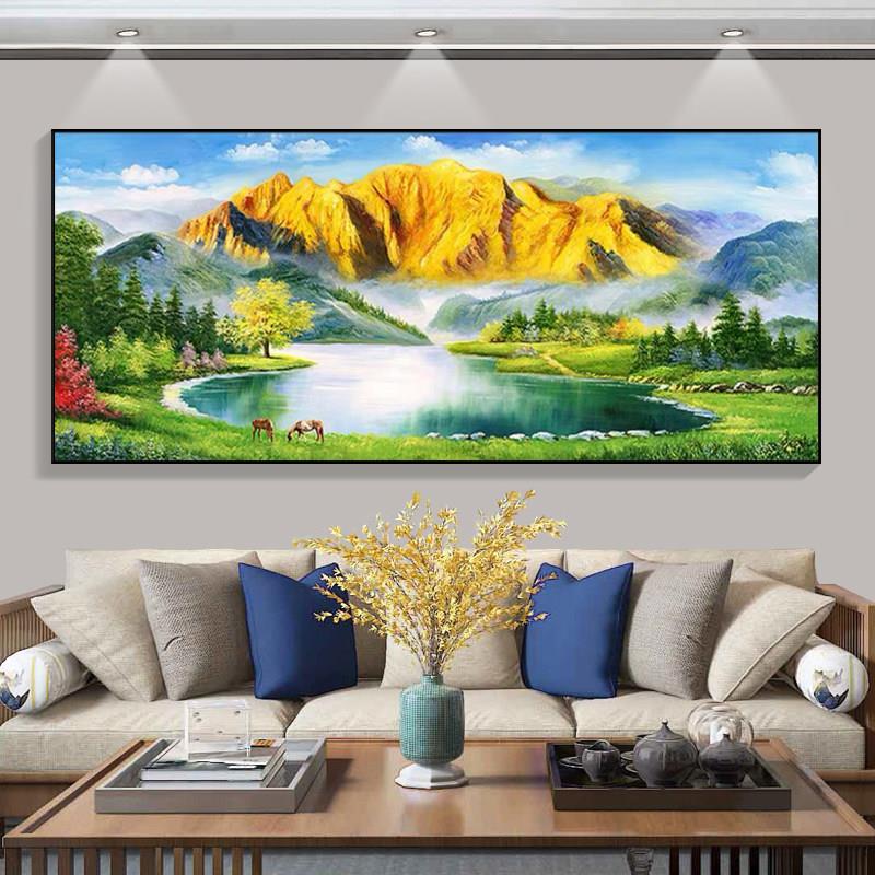2025新款钻石画满钻客厅聚宝盆招财山水风景背有靠山5D粘钻十字绣