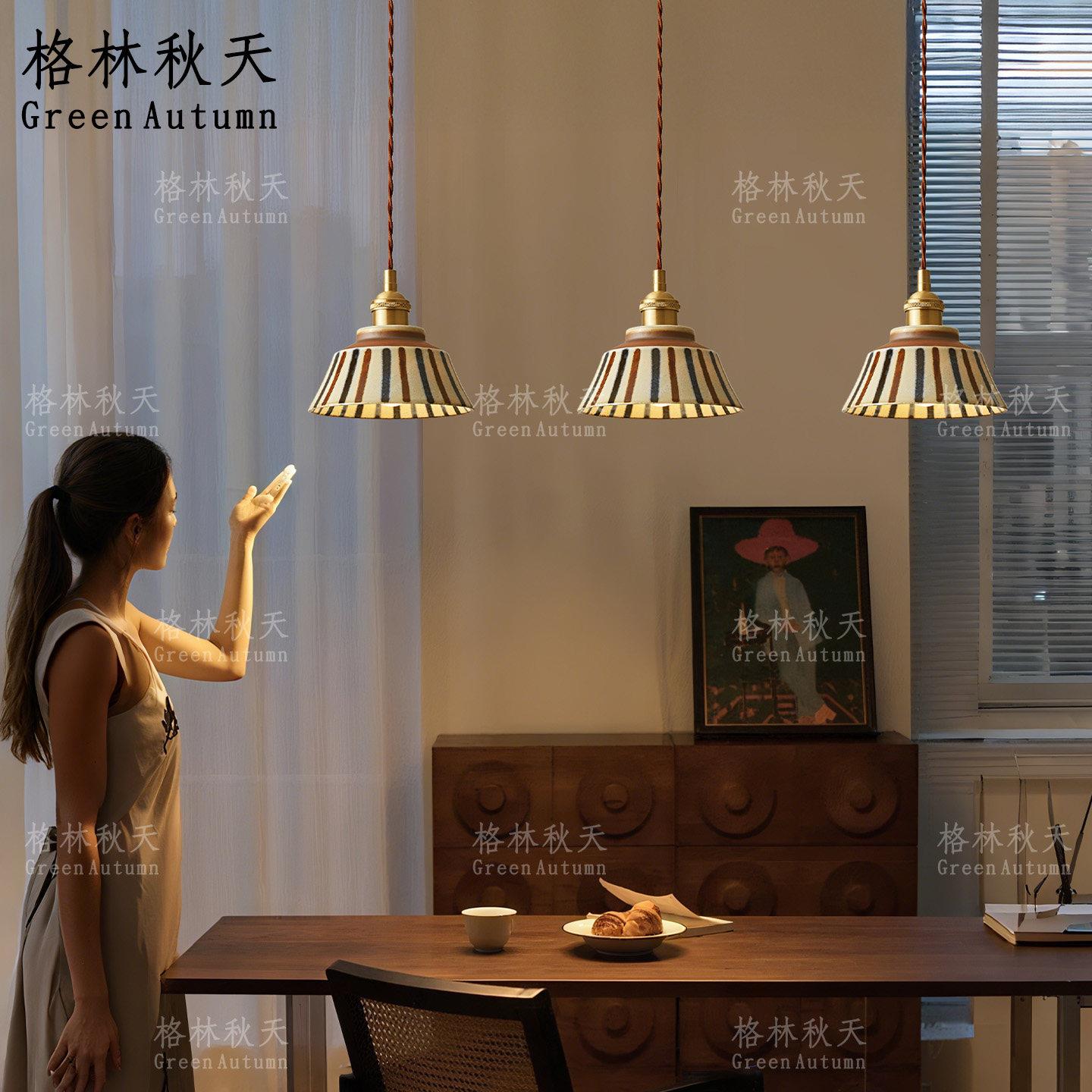 中式复古茶室茶桌釉下彩陶瓷吊灯 中国古风怀旧民宿床头餐厅吊灯