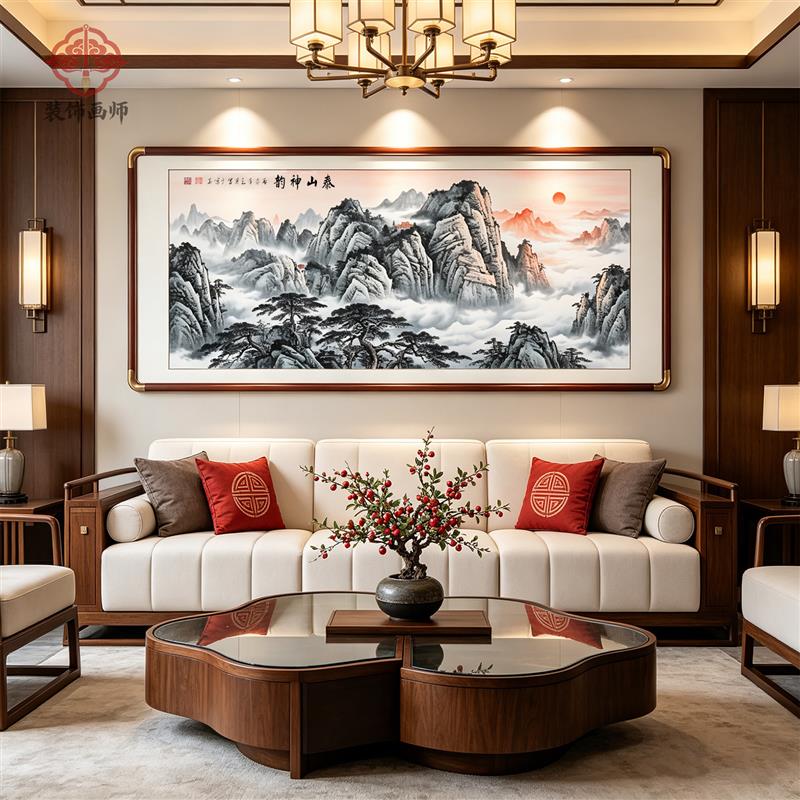 靠山画新中式客厅东墙挂画有山无水泰山画山水画装饰画办公室壁画