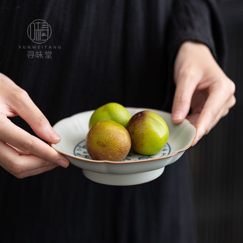 仿古青花汝窑茶点盘复古糕点盘亚青釉果盘家用中式陶瓷功夫茶具