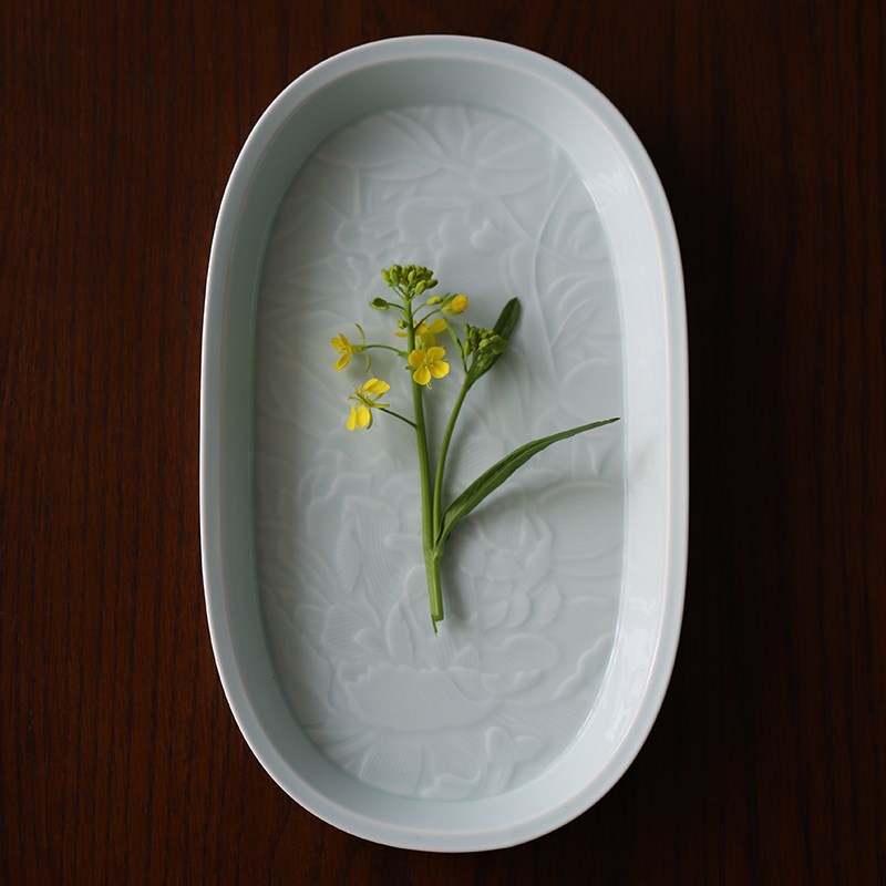 山水一间繁花椭圆鲈鱼盘家用陶瓷饺子盘菜盘碟子中式壶承茶盘