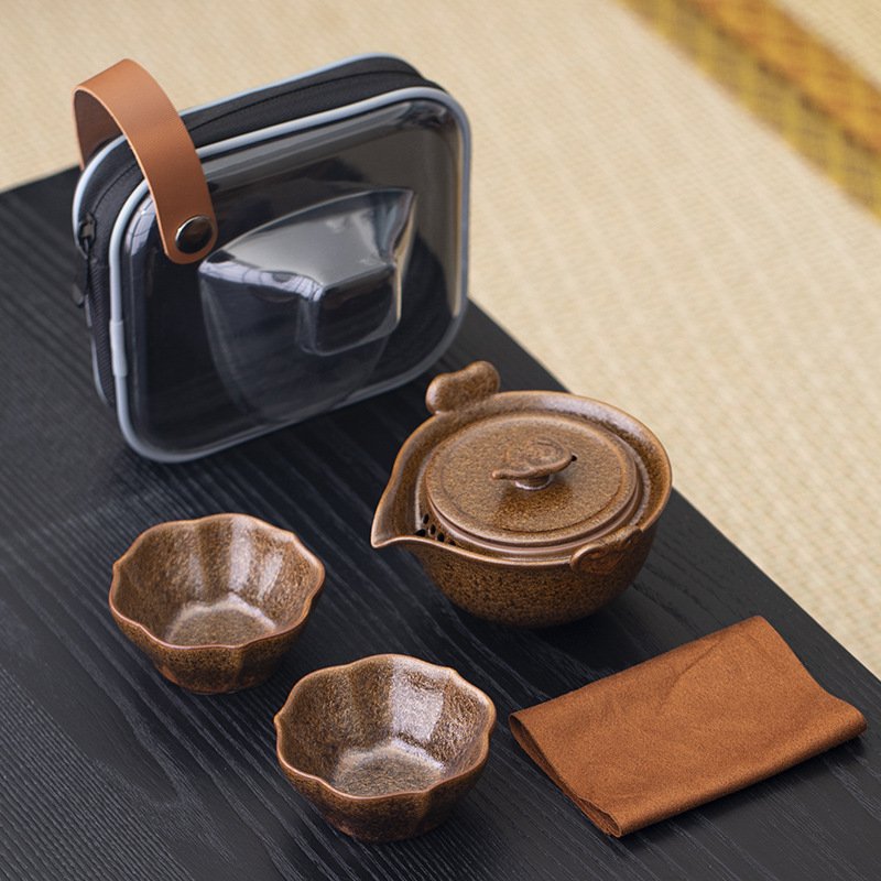 万事如意便携式旅行茶具套装一壶两杯结晶釉高档户外车载快客杯