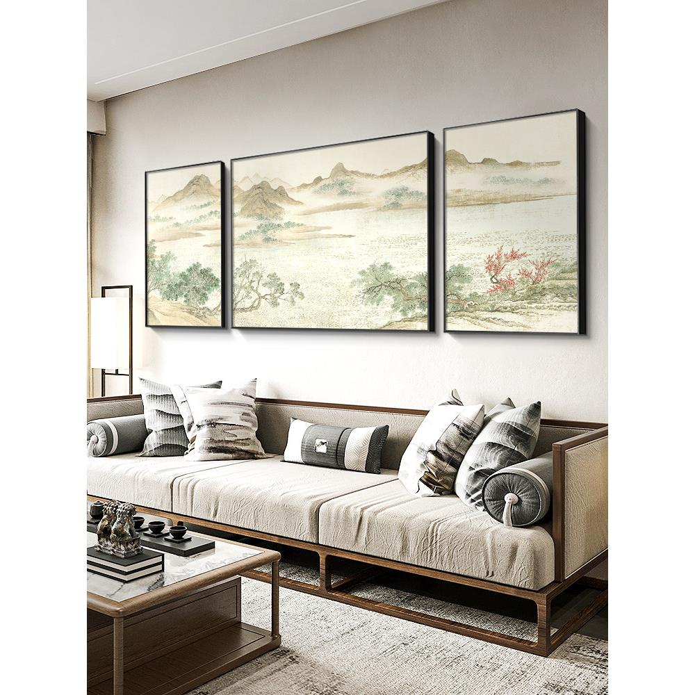 虎山春暖画客厅三联画装饰画新中国茶室山水风景壁画私室背景墙挂