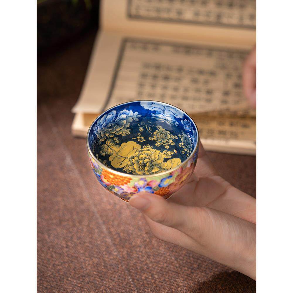 陶福德景德镇陶瓷手绘青花粉彩珐琅彩万花主人杯女功夫茶杯单杯