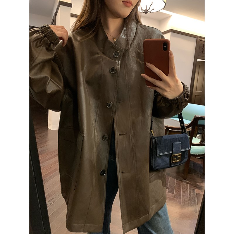 NAZ那子大码秋j季新款复古老钱风小立领显瘦胖mm时尚宽松皮衣外套