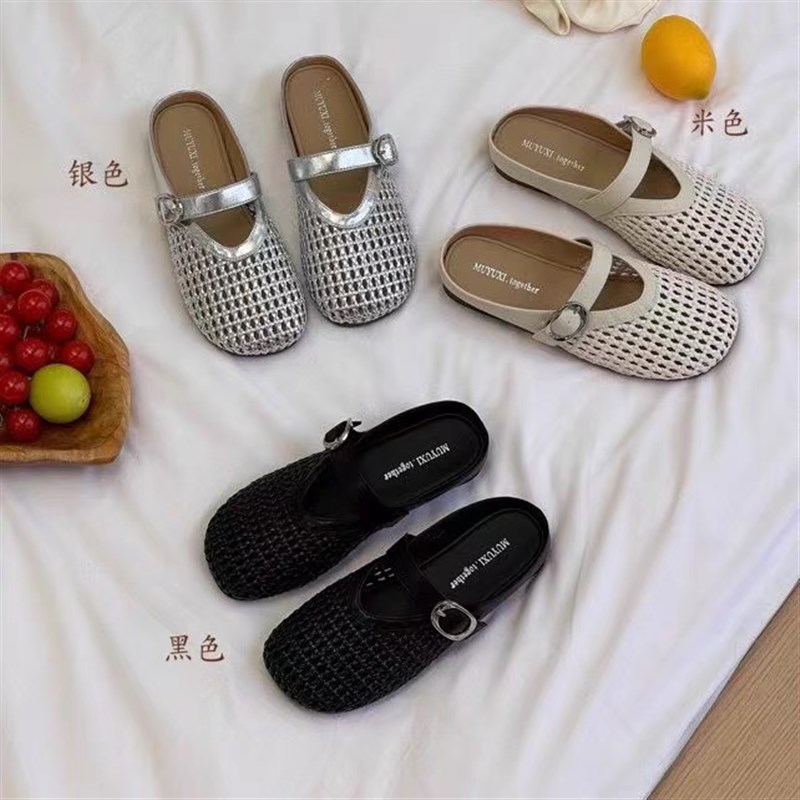 银色镂空平底百搭软底拖鞋女2025新款春夏外穿拖鞋包头拖鞋半拖