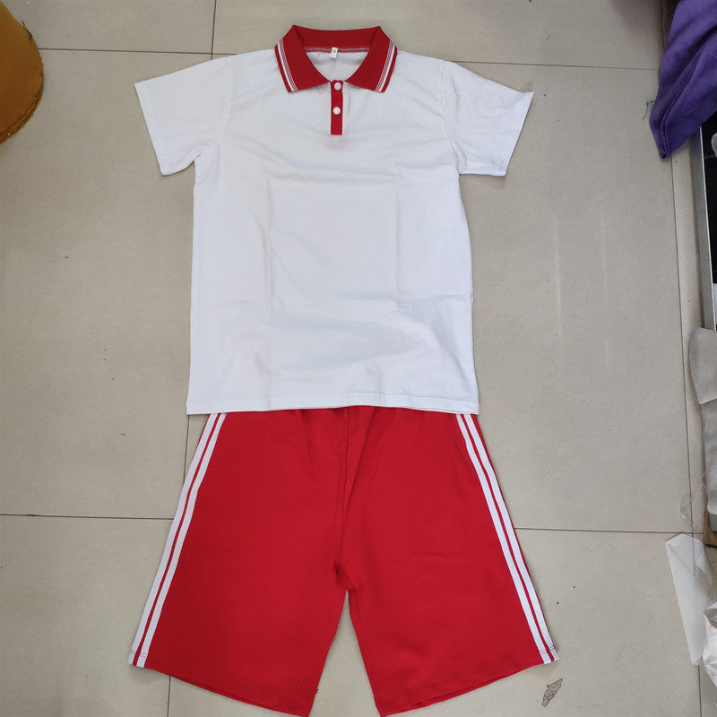 夏中小学生男女校服裤 短裤纯棉红色两白杠校服套装