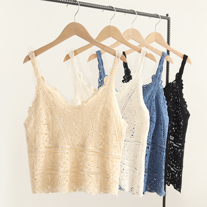 针织吊带背心女短款2020夏季新款棉麻H蕾丝勾花打底无袖上衣外穿