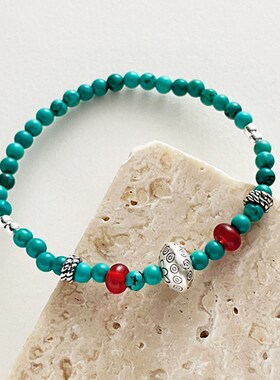 999纯银手链女生极细串珠珠子转运新中式古风高瓷天然绿松石手串