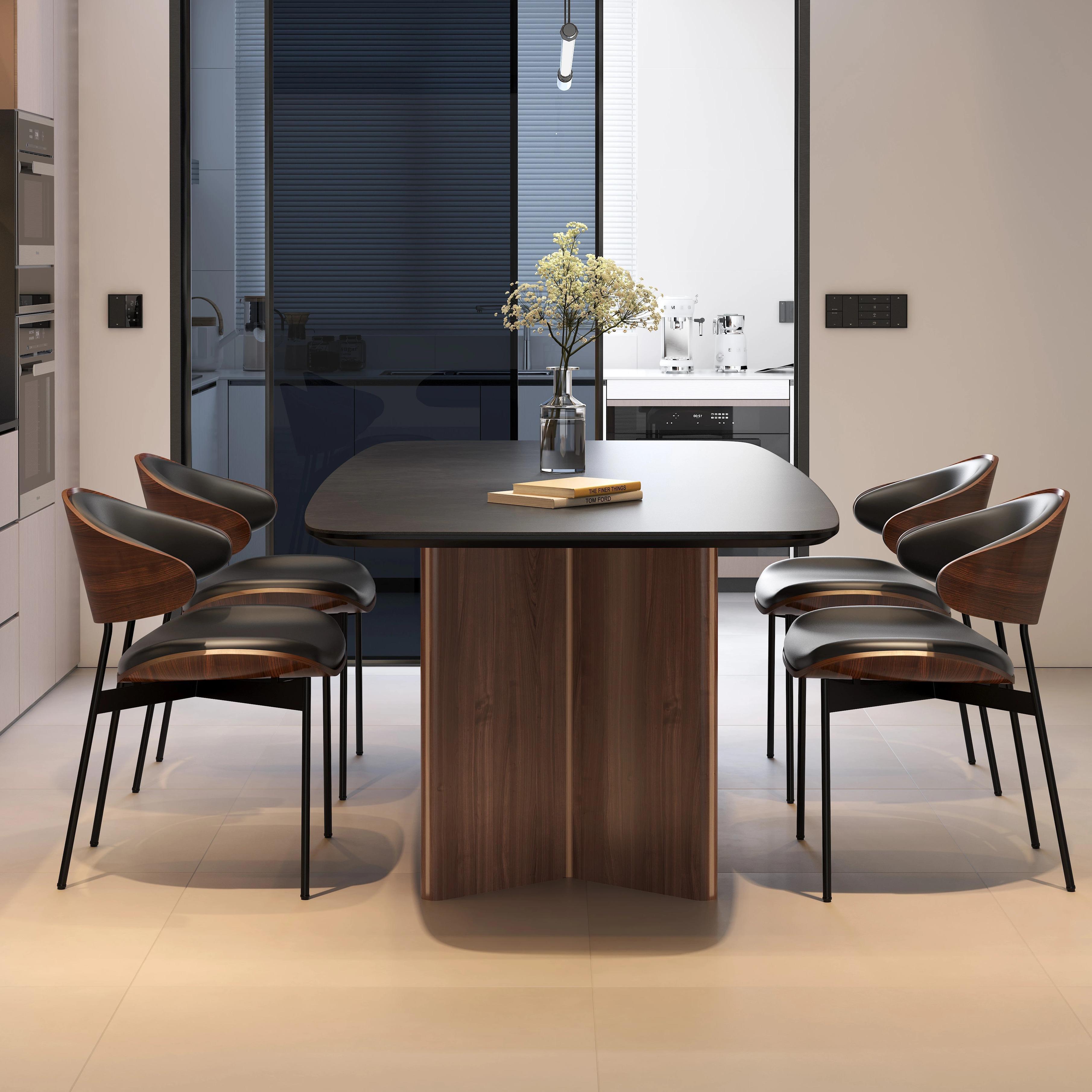 覆古风黑胡桃色实木餐桌椅组合侘寂风长方形小户型岩板中古风饭桌