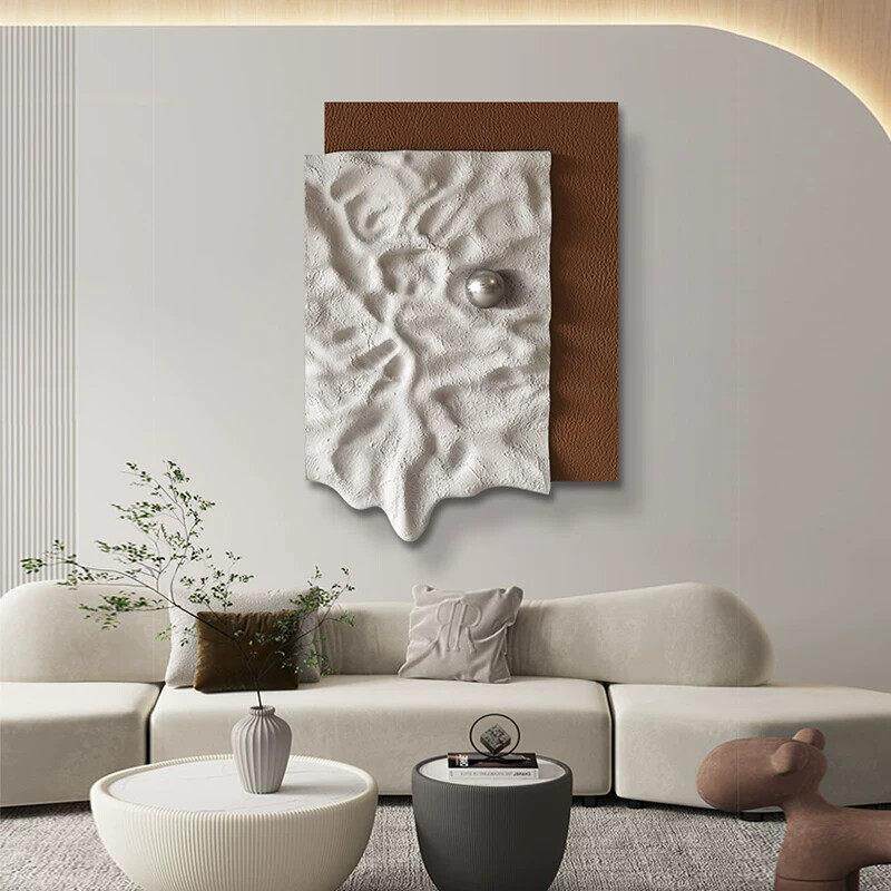 现代简约3D立体浮雕玄关装饰画手绘砂岩客厅实物画设计师钢球挂画