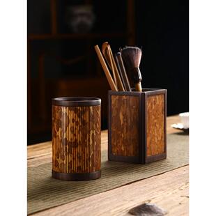 湘妃竹笔筒黑檀茶筒竹制文房书房茶室收纳筒中式复古茶道六君子