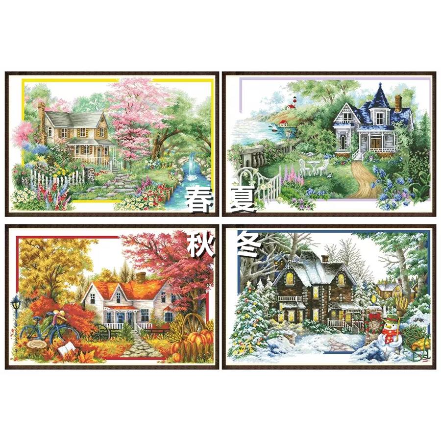 diy欧式四季风景春夏秋冬别墅花园钻石画方钻满钻手工贴钻十字绣