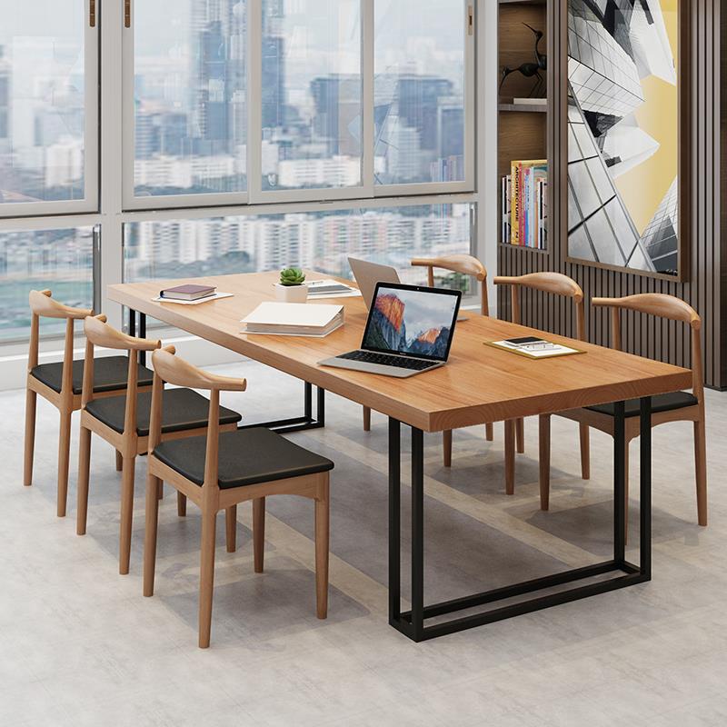 LOFT实木会议桌长桌 简约现代办公室洽谈桌 工业风办公桌椅组合
