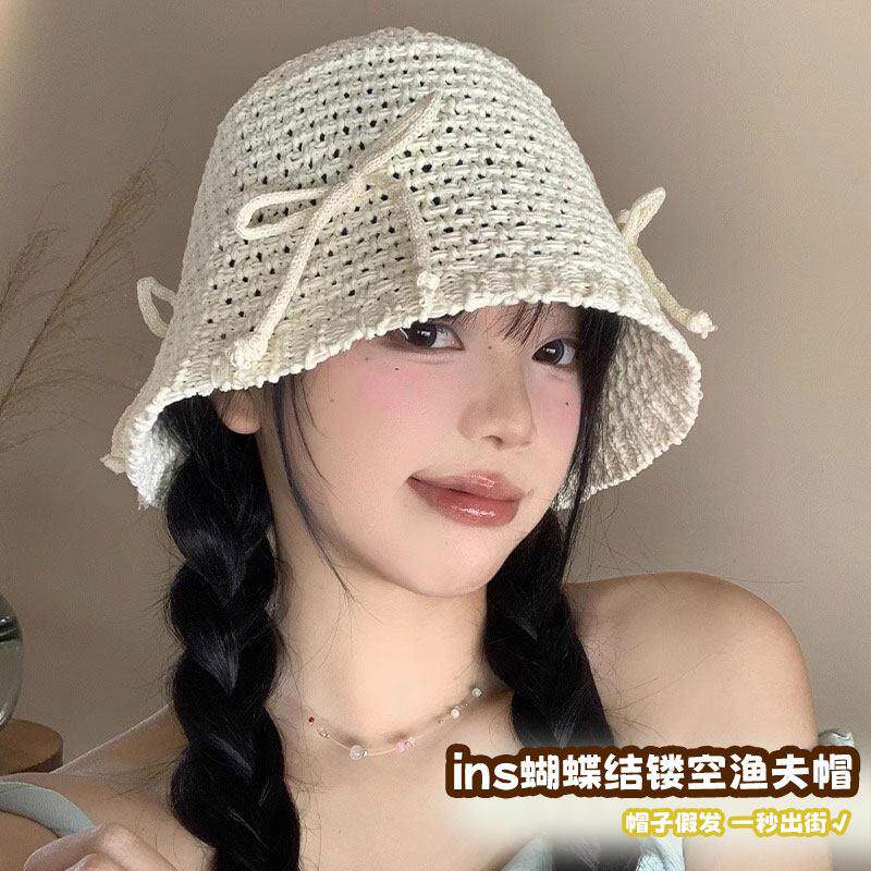 帽子假发ins蝴蝶结渔夫帽女夏季镂空显脸小盆帽遮阳防晒水桶帽子