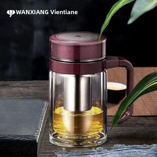 万象双层玻璃杯女士办公室水杯高颜值带把手泡茶杯男士带手柄杯子