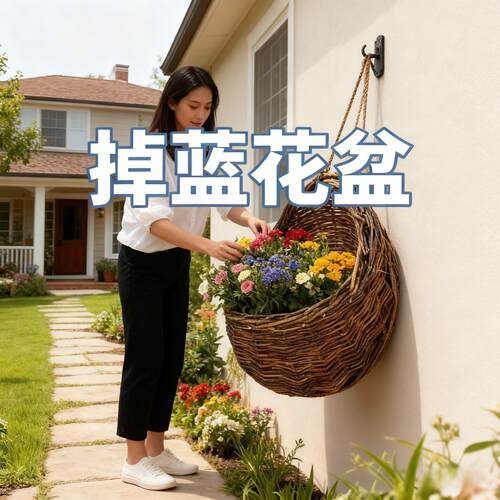 掉蓝花盆壁挂花盆藤编墙挂吊篮编织花盆花篮壁挂藤编插花仿