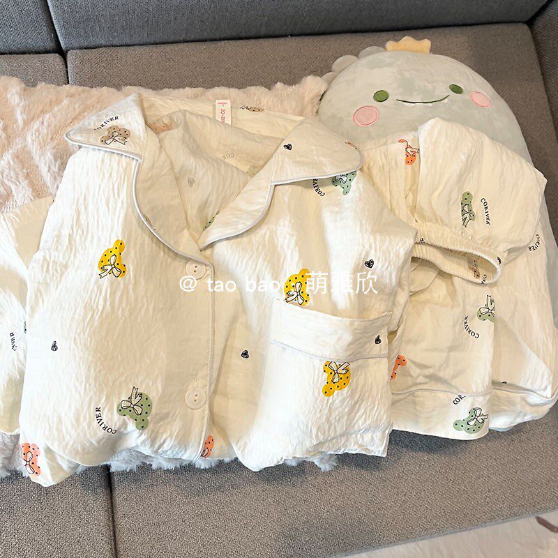 带胸垫杏色睡衣女款夏季纯棉短袖短裤套装学生卡通可爱开衫家居服