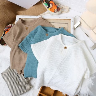 亚麻童装夏款轻薄小衫男女童t恤 棉麻上衣儿童短袖中式文艺范婴儿