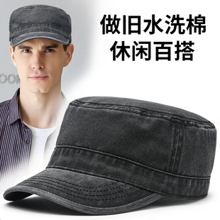 水洗棉牛仔布平顶帽子男春秋大头围帽子韩版时尚休闲短帽沿鸭舌帽