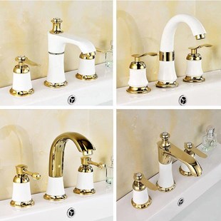 欧式全铜芯三孔四孔面盆水龙头陶瓷洗脸盆三四件套分体冷热水龙头