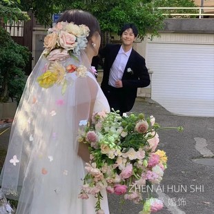 新娘花朵气质甜美头纱长款领证写真拍照清新头饰多巴胺森系发饰品