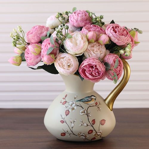 新中式美式陶瓷花瓶 单耳奶壶花瓶 欧式客厅餐桌茶几电视机柜摆件