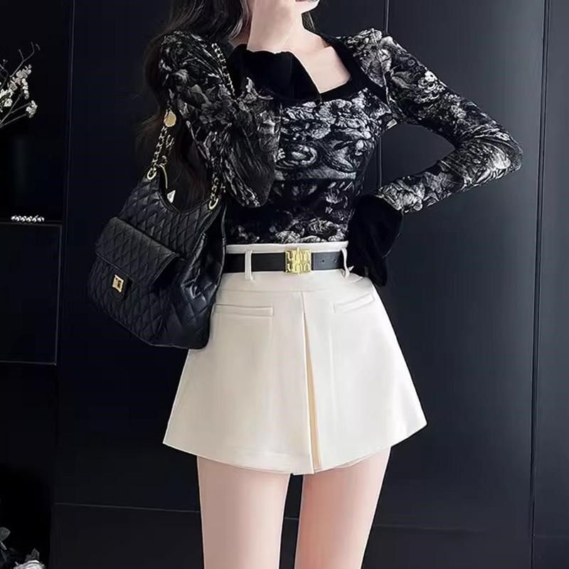 白色毛呢短裤裙女秋冬新款高腰遮胯显瘦阔腿时尚打底外穿短裙靴裤