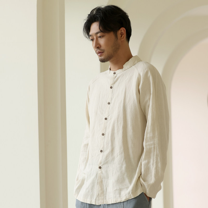 楠中式全麻衬衫国风男装春季苎麻衬衫宽松亚麻上衣长袖立领星弦