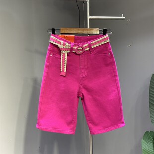 高腰紧身百搭骑马中裤 新款 潮 女2024年夏季 火龙果红潮流牛仔五分裤