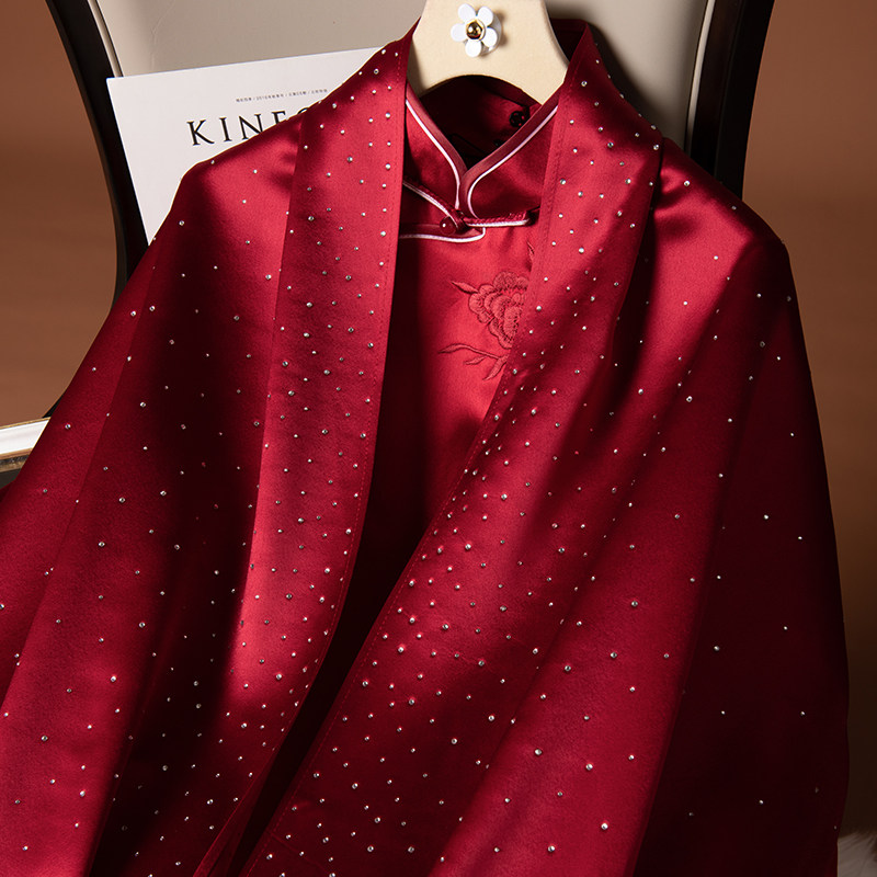 高贵酒红色婚宴旗袍披肩围巾女春秋冬季婚礼喜婆婆妈妈镶钻外搭