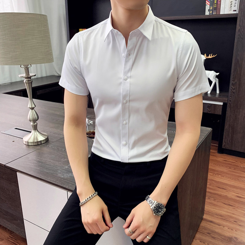 短袖衬衫男韩版潮流帅气修身夏季男士正装长袖衬衣冰丝休闲男式寸