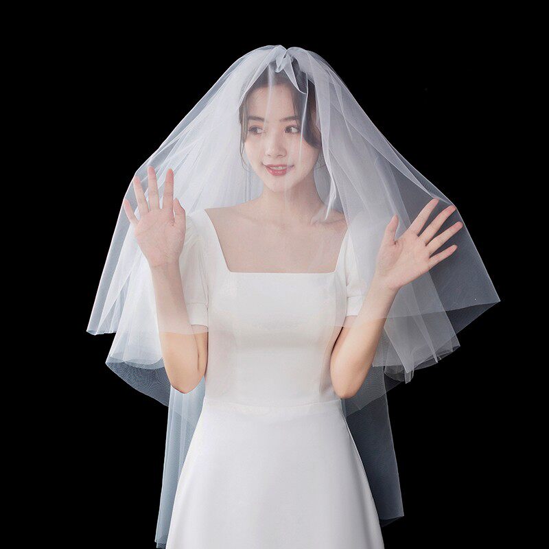 新娘主婚纱头纱结婚婚纱头饰中长款蓬蓬纱超仙拍照道具领证登记白