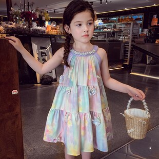 女童连衣裙夏装2025新款女孩度假风沙滩雪纺裙儿童法式挂脖吊带裙