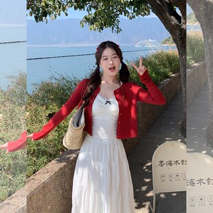 汤圆不圆白色半身裙女2025新款蕾丝吊带内搭配开衫上衣开春三套装