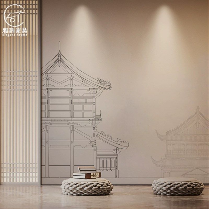 中式国风墙布线性阁楼意境客厅沙发电视背景墙纸茶室手绘壁纸壁画,家装主材,定制壁画,淘宝优惠券,粉丝福利购,淘宝优惠卷