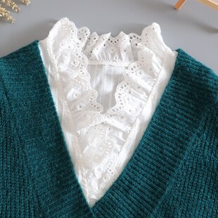 小雪之屋秋冬纯棉镂空V领假领子女百搭配毛衣内搭衬衣领百褶假领