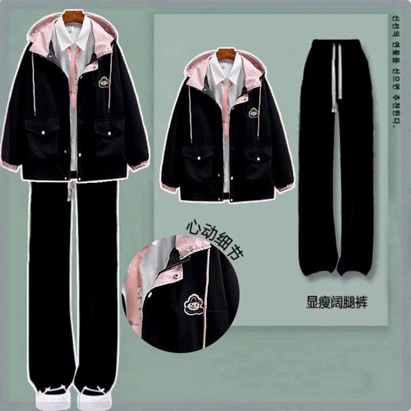 少女装初中生秋冬款外套阔腿裤套装韩版宽松休闲工装学生两件套