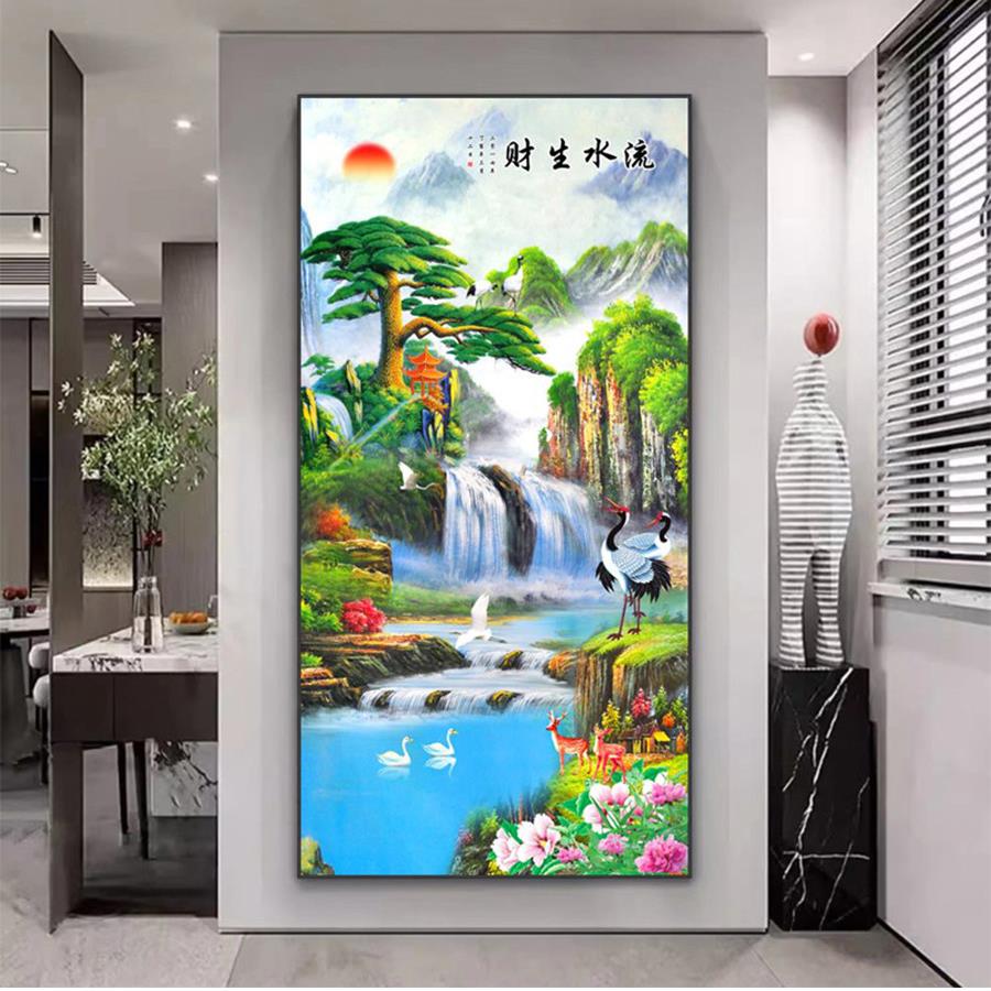 流水财富入口装饰画2024新古典水晶瓷画山水画入口走廊过道挂画