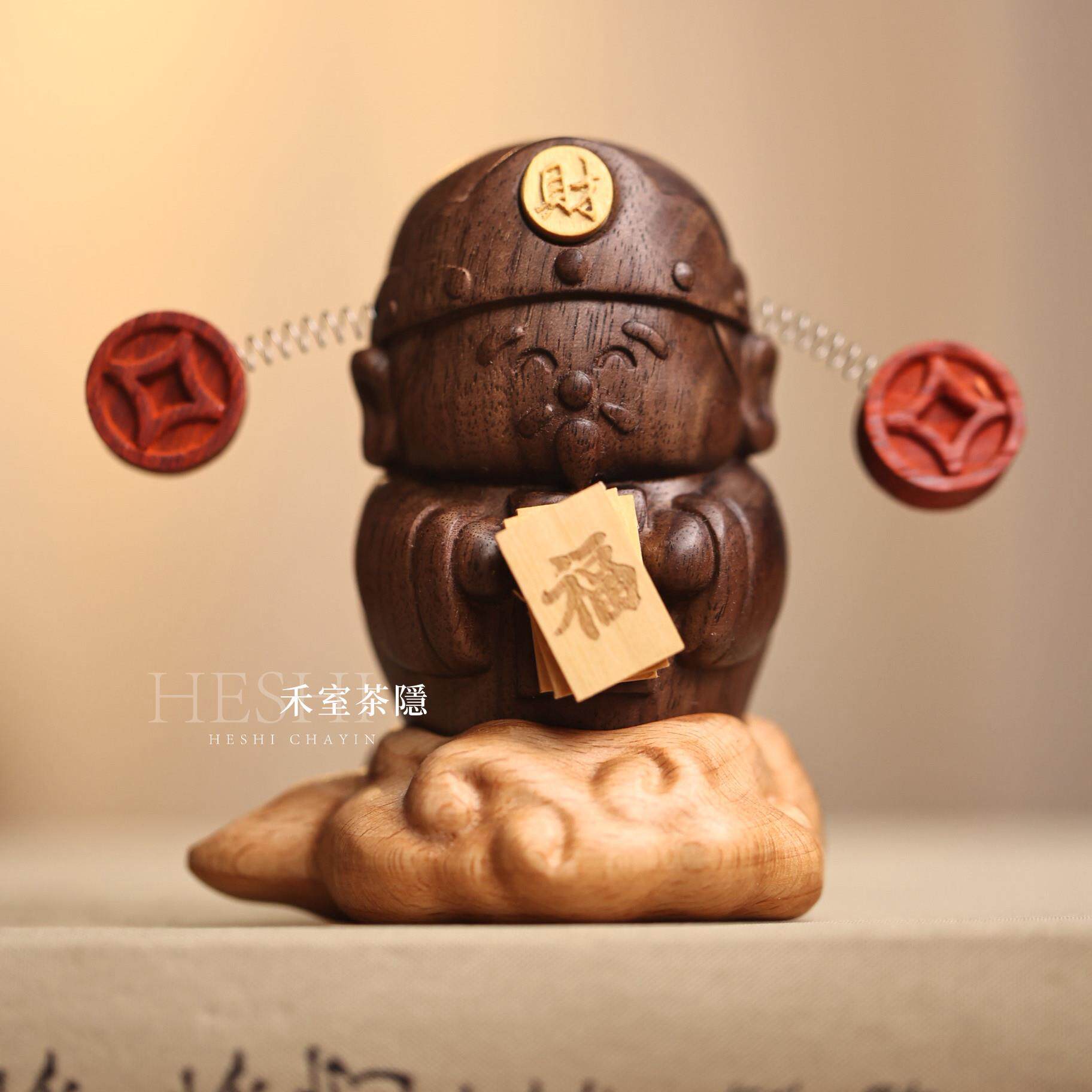 实木财神摆件汽车用装饰桌面家居车载中控台摇头创意祈福乔迁礼物