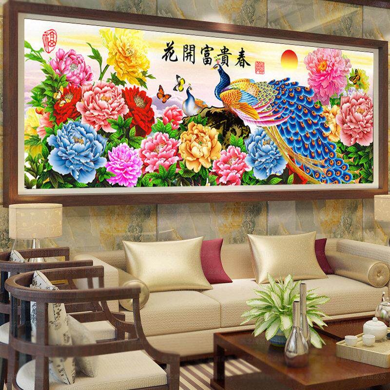 孔雀牡丹钻石画满钻客厅风景全粘砖石绣十字绣2024新款花开富贵春