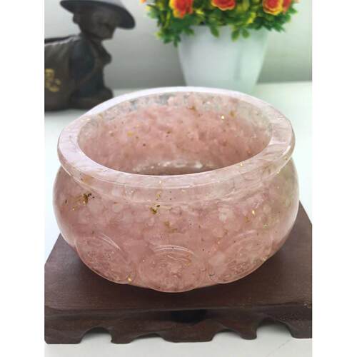 好记水晶滴胶碎石聚宝盆摆件粉水晶金曜石紫锂辉长10.1cm高5.3cm