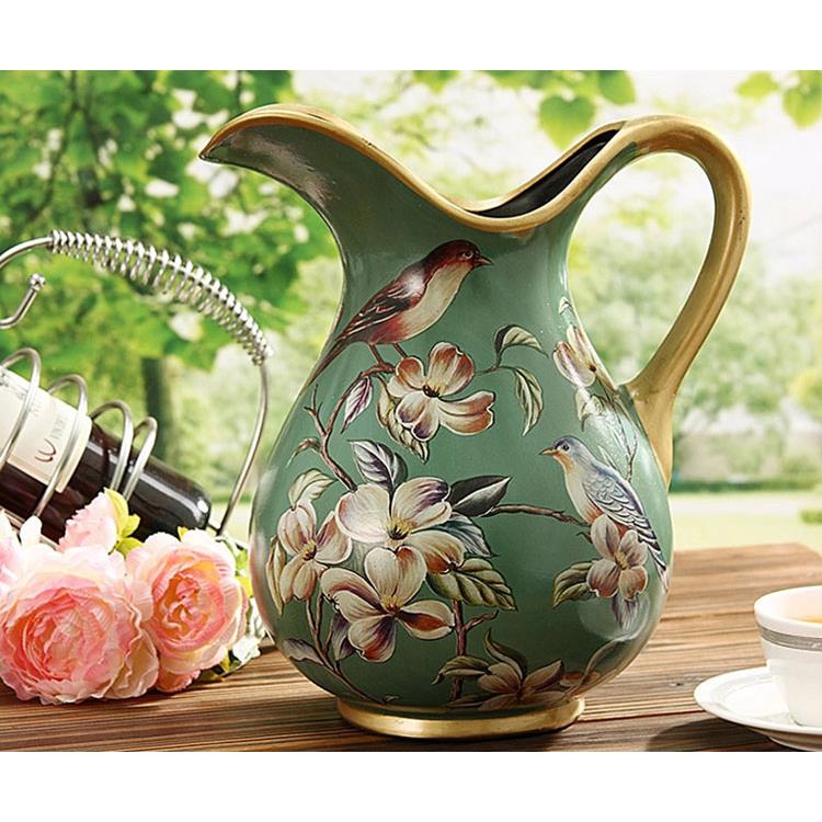 欧式田园彩绘陶瓷花瓶绿色花鸟单耳奶壶插花做旧复古轻奢花盆花器